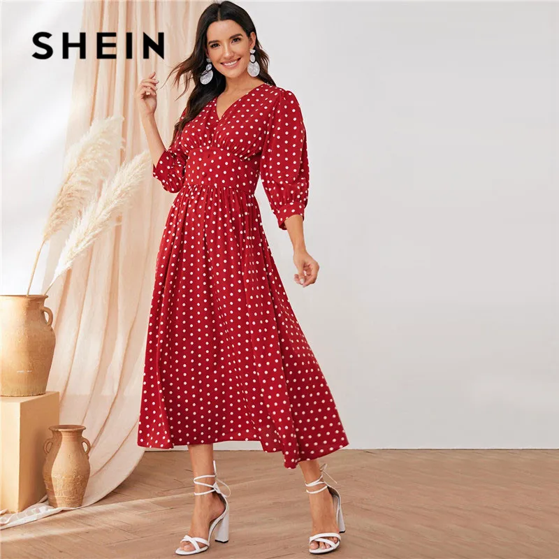 SHEIN Burgundy Polka Dot Wide Waistband Button Detail Maxi Dress Women Elegant V Neck Bishop Sleeve Long Dress Party Dresses