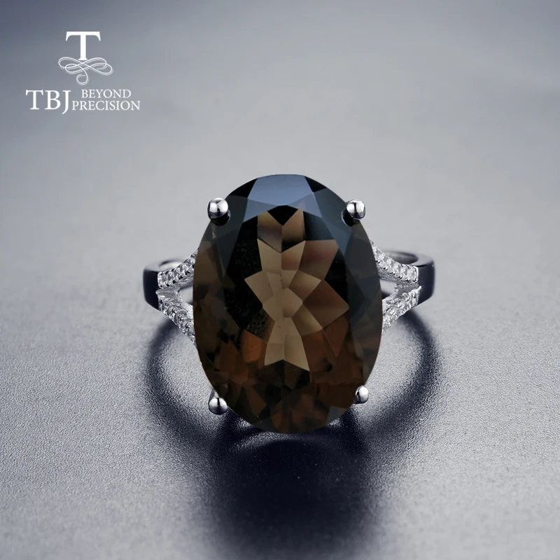 TBJ, большой натуральный драгоценный камень 11ct дымчатый кольца белого цвета 925 пробы драгоценности из серебра и камней для женщин с коробкой, Подарок на годовщину
