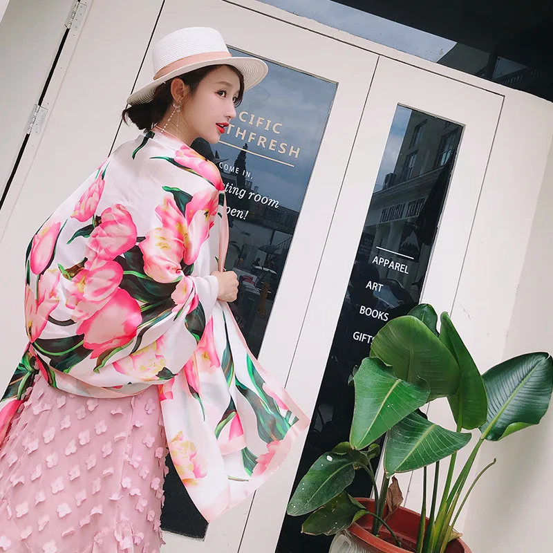 KOI LEAPING new fashion flower pattern scarves female outside holiday silk scarf beach towel Sunscreen long gift |