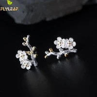 flyleaf 100 925 sterling silver gold color branch plum flower stud earrings for women chinese style lady vintage jewelry