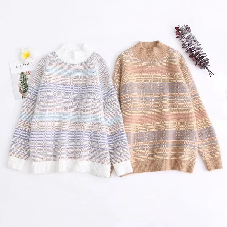 Colorful line jacquard Half high collar long sleeve pullover sweater mori girl | Женская одежда