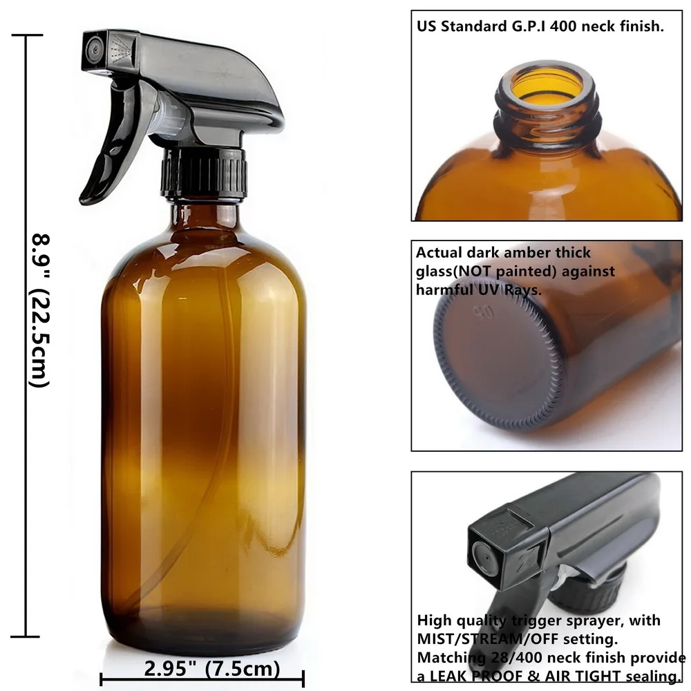 500ml Empty Spray Bottle Amber Glass Containers with Black Trigger Sprayer Labels for Hair Essential Oils Cleaning 16 Oz 2 Pack |