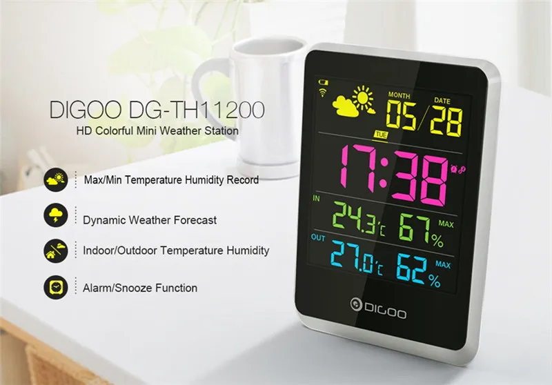 DIGOO DG-TH11200 Weather Station Digital Alarm Clock Calendar Wireless Outdoor Indoor Forecast Sensor Thermometer Hygrometer