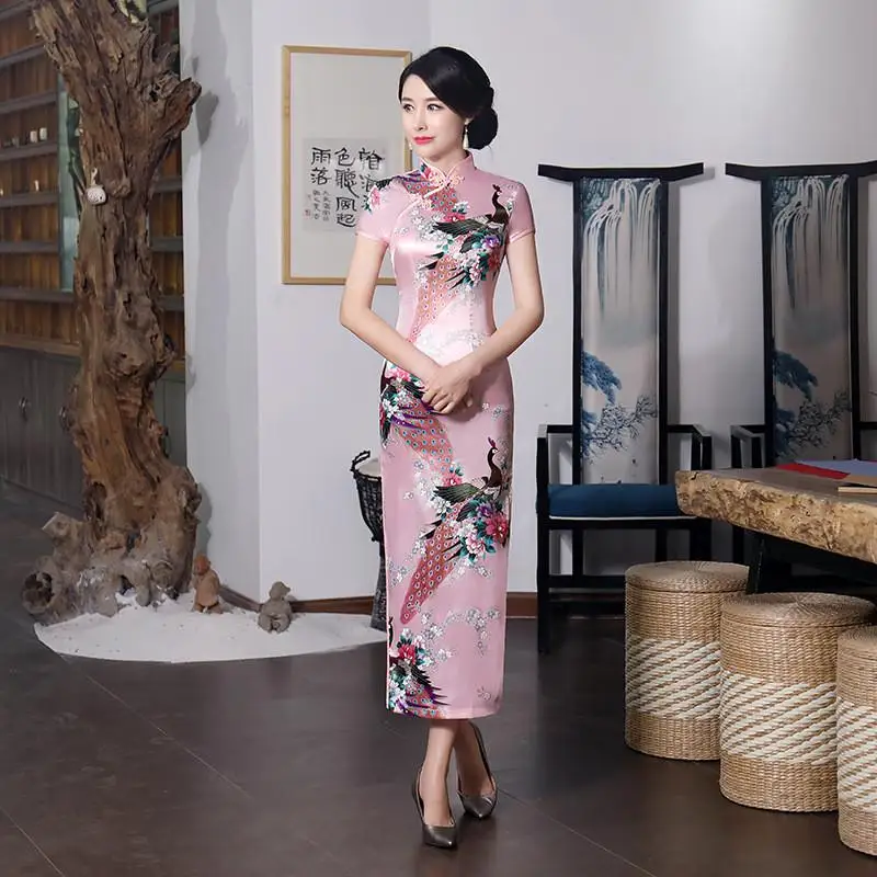 Весна осень Cheongsam китайский женский цветок и Павлин Qipao с длинным рукавом vestidos винтажное женское вечернее свадебное платье S-3XL - Цвет: Short Sleeve Pink
