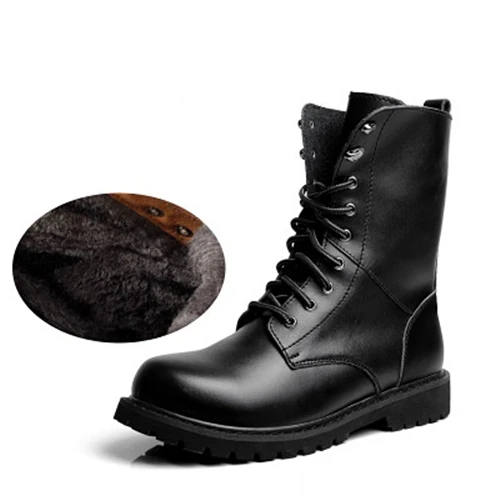 Black with plush Новое поступление, сапоги до середины икры из натуральной кожи осенние мужские мотоциклетные ботинки зимняя Уличная обувь военные ботинки на шнуровке 02а - Цвет: Black with plush