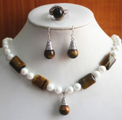 Хит продаж Модный женский набор из 8 мм белых жемчужин ожерелье с тигриным глазом