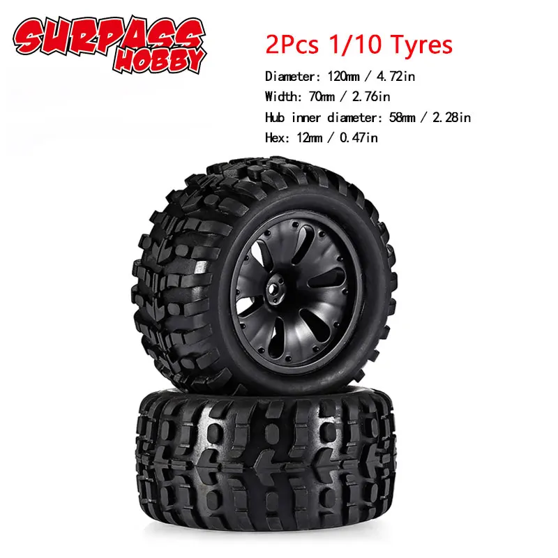 2Pcs 4 шт. 1:10 120x70x12 мм колеса с шинами для HSP Wltoys ZD Racing HPI Redcat LRP 1/10 Monster Truck RC автомобильные запчасти - Цвет: 2Pcs