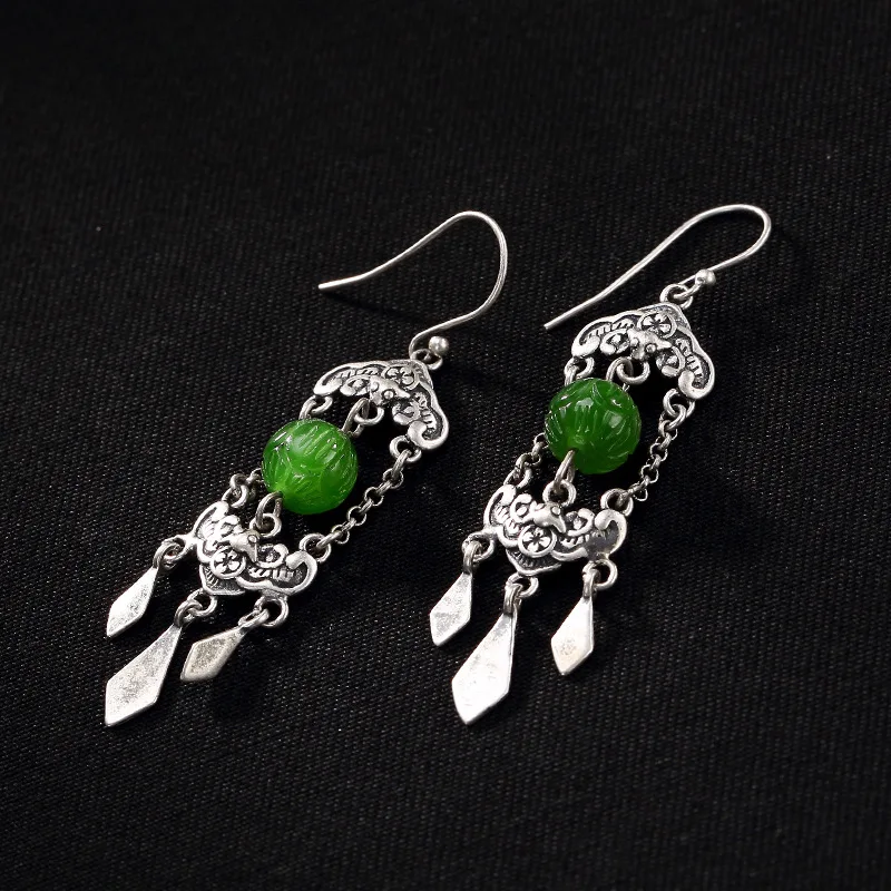 2018 New silver S925 pure antique mosaic and jade lotus flower plum blossom in front of Lady earrings earrings. | Украшения и