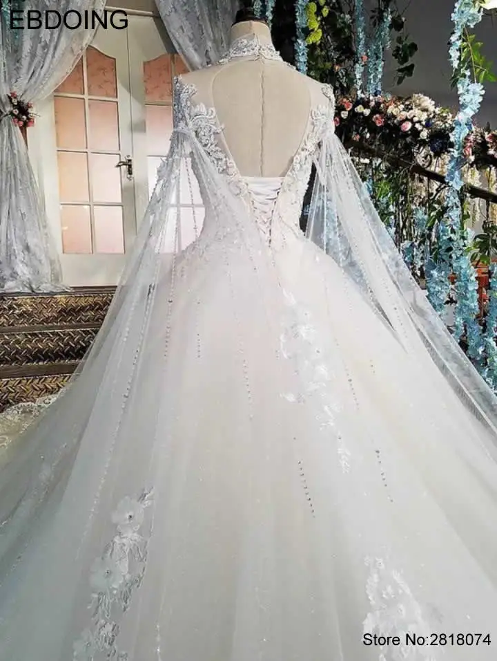 EBDOING Luxurious Lace Ball Gown Wedding Dress High Neckline Vestidos De Novia Custom Made Plus Size Bride Dress