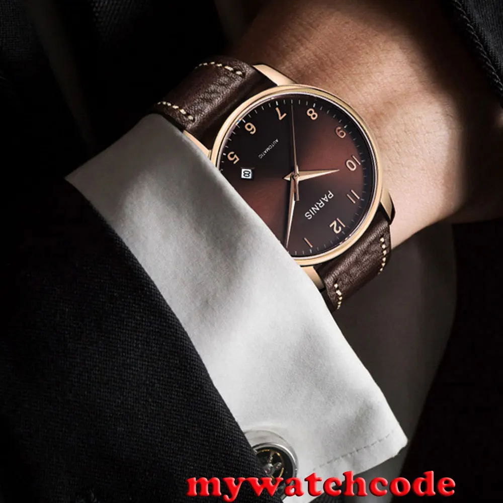 Часы мужские с сапфировым стеклом 38 мм циферблат кофейного цвета розовое золото