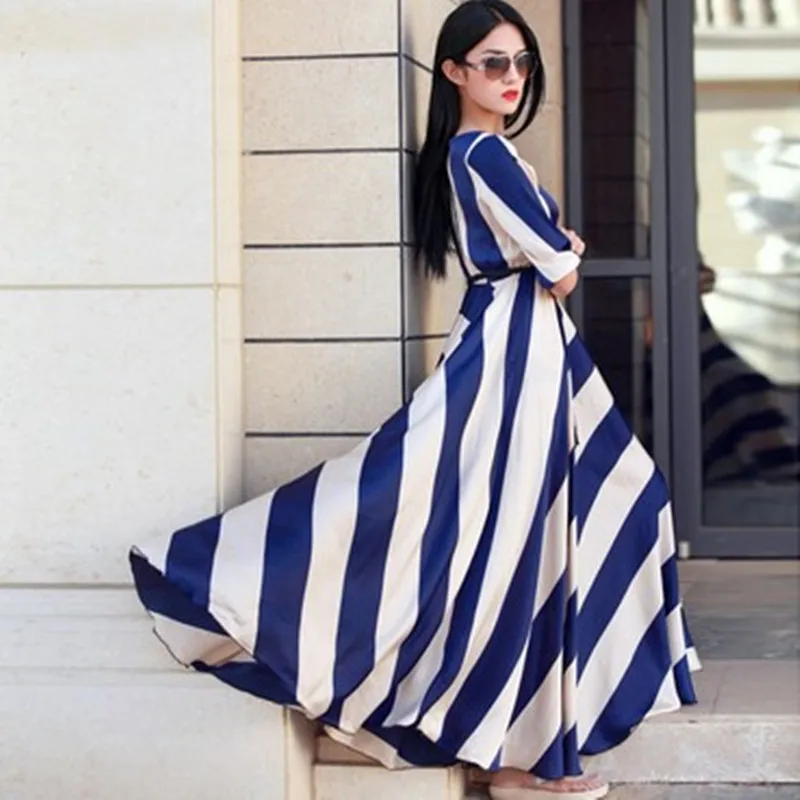 2017 Макси платье женское Элегантное Длинное Платье Полосатое шифоновое большой
