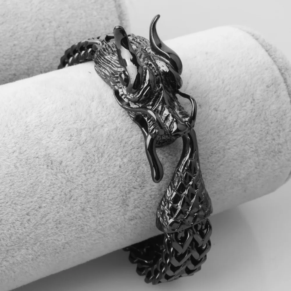 

12mm Fitness Hipper Style Stainless Steel Black Tone 3D Dragon Head Figaro Link Chain Men's Boy's Punk Casting Bracelets Jewelry