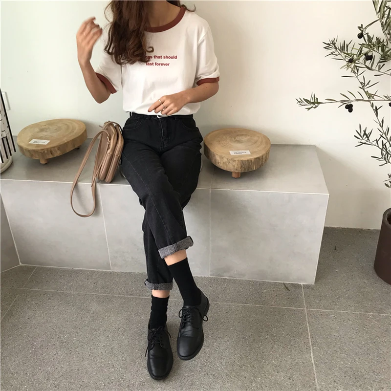 Летняя Корейская футболка с буквенным принтом Ulzzang, Женская Повседневная футболка с коротким рукавом, Женская свободная хлопковая Футболка с круглым вырезом, модные топы, футболка