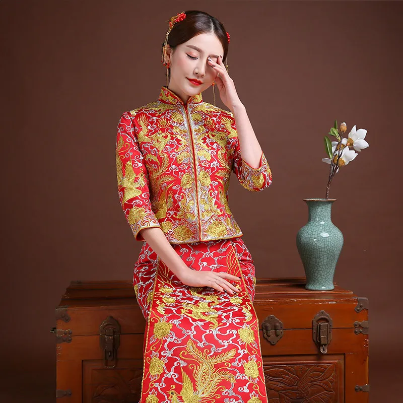 Женское традиционное свадебное платье Qipao красное китайское с вышивкой в стиле