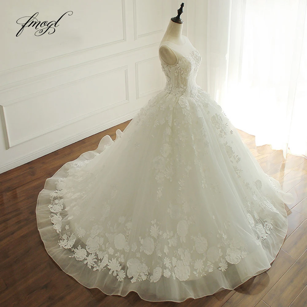 Fmogl Vestido De Noiva кружево свадебное платье принцессы 2019 Глубокий круглый вырез