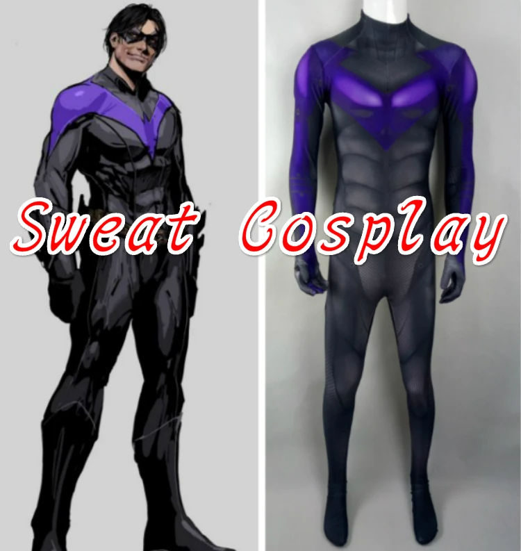 Высокое качество Batman Arkham City Nightwing костюм Дик Грейсон Фиолетовый спандекс лайкра костюм с мышечной обивка Косплэй костюм