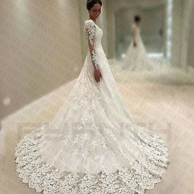 Ryanth Vestido De Noiva Sexy V Neck Long Sleeve Lace Wedding Dress 2019 New Arrival Robe Mariee Custom Made Bridal Gown | Свадьбы и