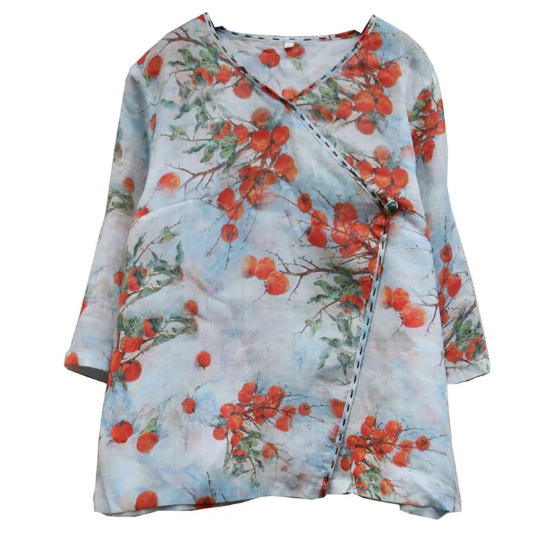 Женская льняная рубашка из чистого рами с рукавом три четверти и цифровым