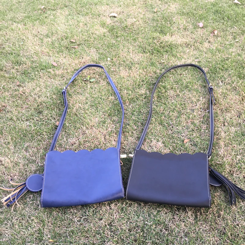 

Tassel Disk Crossbody Bag Women Faux Leather Shoulder Bag Handmade Scalloped Body Tote Bag in Navy Black DOM106450
