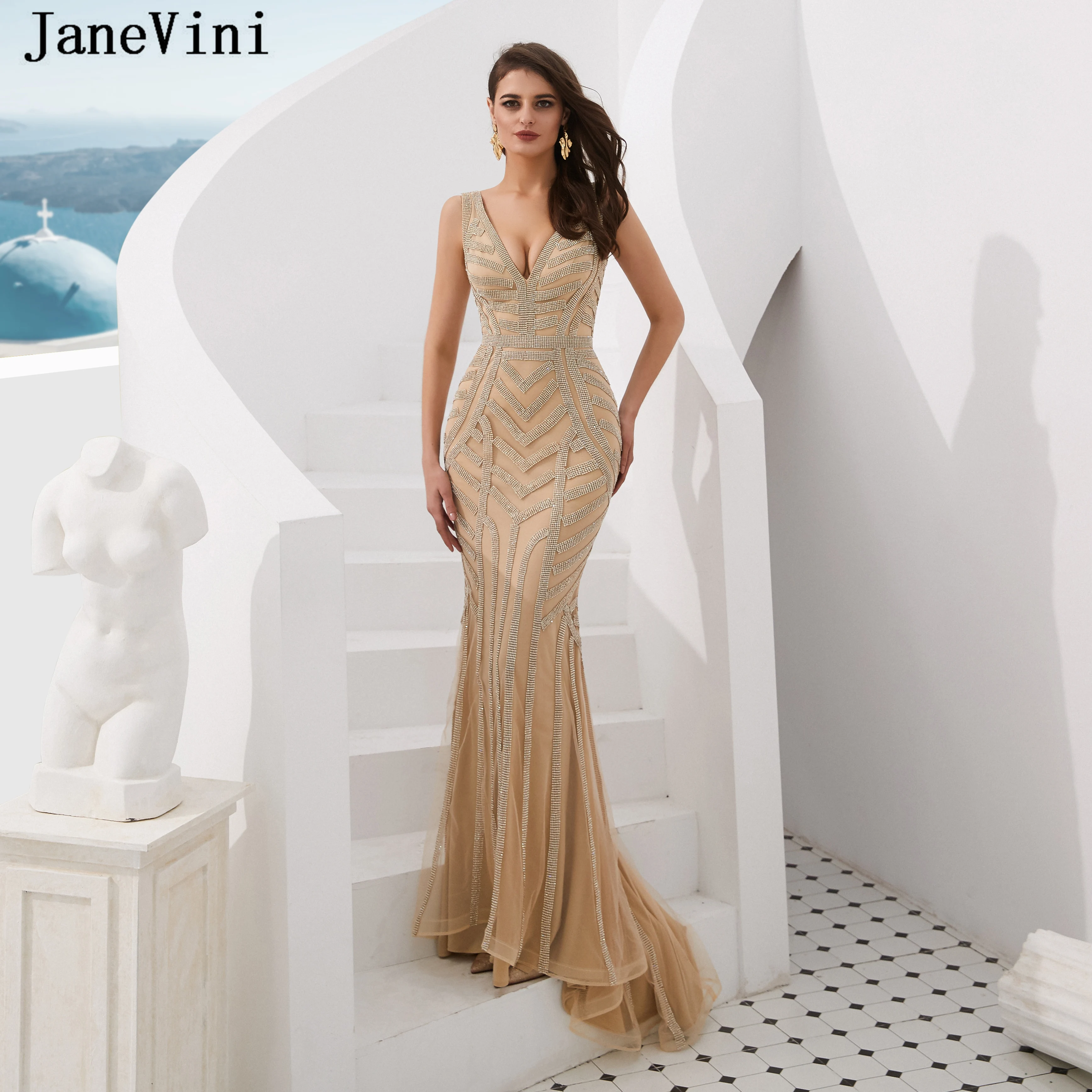 JaneVini Роскошные 2019 цвета шампанского Длинные вечерние платья с бисером для женщин
