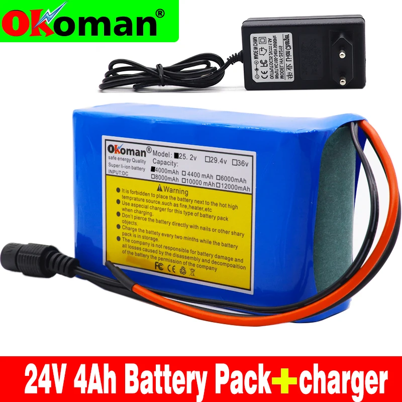 Высококачественный набор литий-ионных аккумуляторов 18650 емкостью 24V 4Ah 25.2v 4000mAh для электрического велосипеда и мопеда + зарядное устройство.