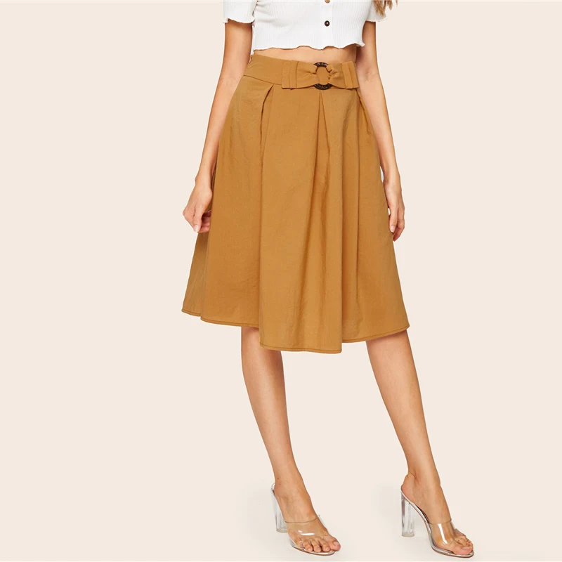 SHEIN плиссированная юбка с пряжкой и поясом, винтажная расклешенная Женская юбка с высокой талией,, однотонное кольцо с молнией, весенняя, летняя, осенняя юбка