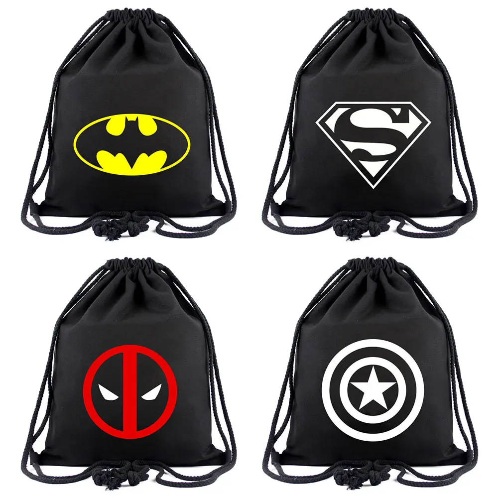 Бэтмен Супермен Дэдпул Wonder Woman Для женщин Bagpack подростков ранцы Для мужчин рюкзаки холст школьная сумка строку мешок Drawstring