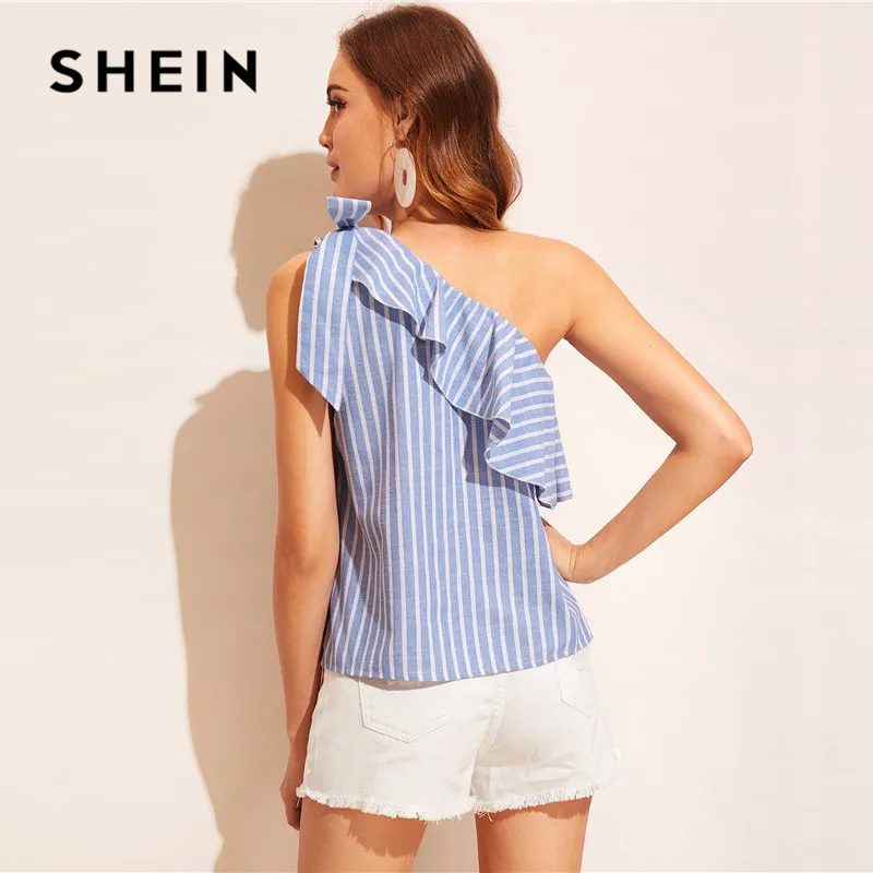 SHEIN, синяя полосатая летняя блузка на одно плечо с завязанным воланом, женские топы,, без рукавов, сексуальный топ для отпуска, Хлопковые женские топы