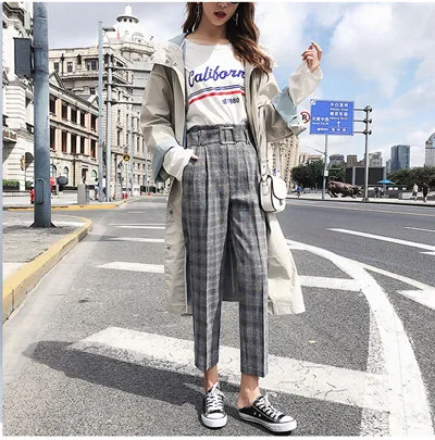 JUJULAND Для женщин брюки Проверено штаны-шаровары в офисном стиле High-waist ankle-длина Штаны повседневные высококачественные ткани 633 - Цвет: gray
