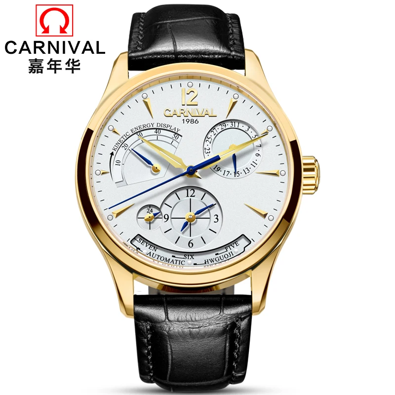 

Carnival Automatic Watch Men Leather Strap Mechanical Watches Mens Top Brand Luxury Gold Multi-Function Clock horloges mannen