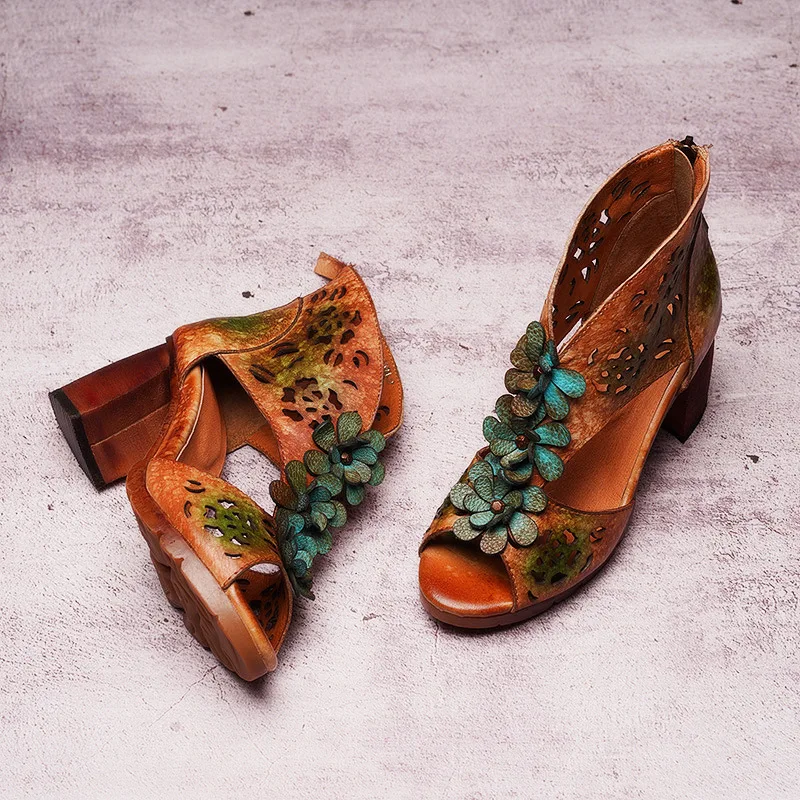 

GKTINOO 2021 Summer Women Sandals Retro Style Handmade Design Pumps Lady Genuine Leather High Heel Sandals Women's Zipper Shoes