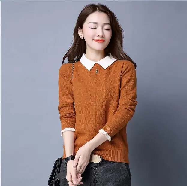 Свитер женский кашемировый с отложным воротником и длинным рукавом осень 2017 |