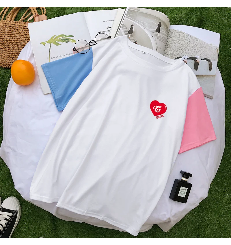 Женская одежда, Корейская Kpop, два раза, футболки, Camiseta Mujer, модные, цветные, комбинированные, хлопок, уличная одежда, Harajuku, с принтом в виде сердца, топы