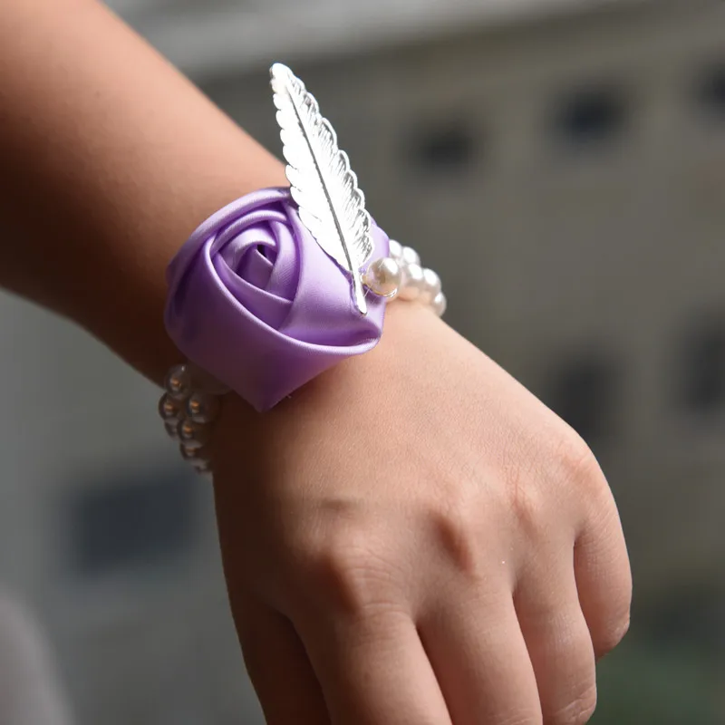 Light Purple JaneVini наручные часы с цветочным рисунком розового атласа; Свадебная обувь, украшенная жемчугом, ручно декоративный браслет Особенности подружки невесты обручальное кольцо букетик на запястье - Цвет: Light Purple