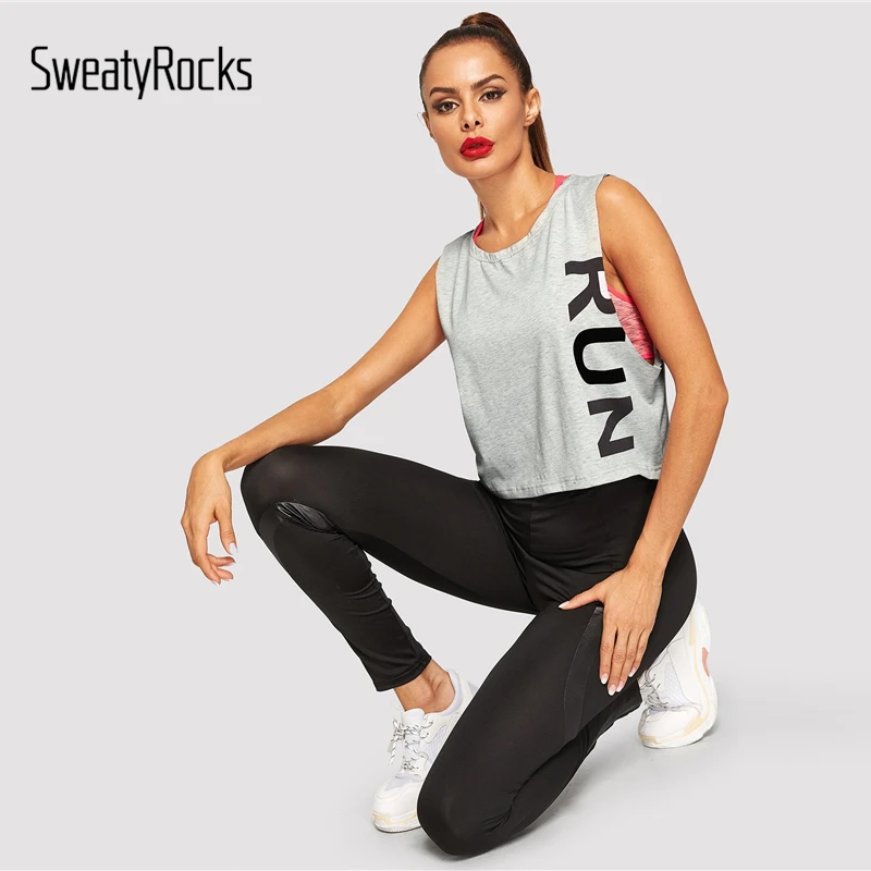 SweatyRocks, серая спортивная одежда с буквенным принтом, модная майка, Женский Летний жилет с круглым вырезом, повседневная спортивная майка