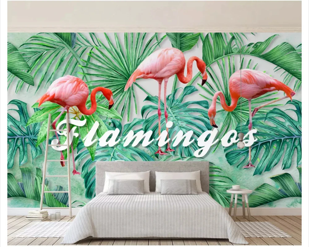 

beibehang Silky wallpaper Nordic small fresh tropical rainforest banana leaf flamingo pastoral background wall papers home decor
