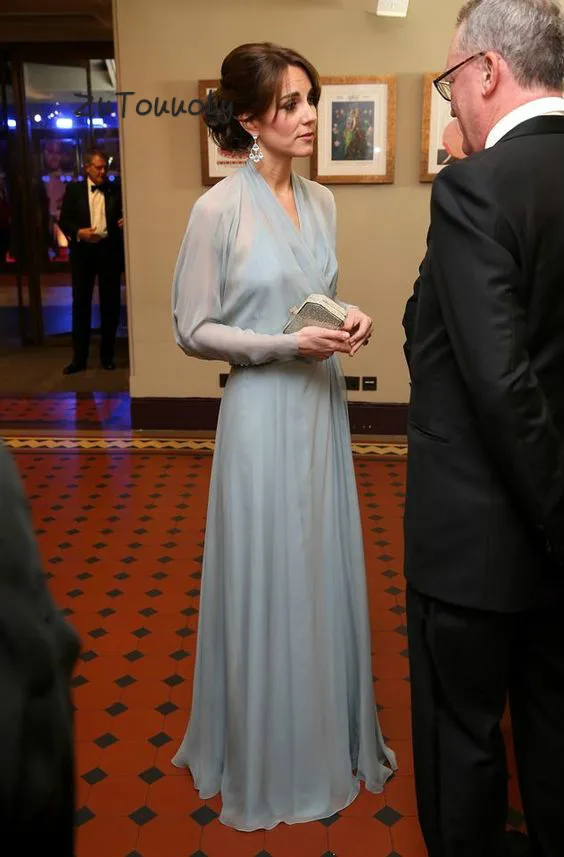 Kate Middleton, вечернее платье с длинным рукавом, элегантное, глубокий v-образный вырез, шифон, длина до пола, вечерние платья,, открытая спина, официальная одежда