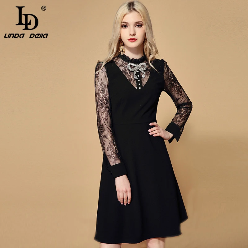 LD LINDA делла осеннее подиумное однотонное черное платье vestidos женское элегантное платье с длинным рукавом и цветочным кружевом в стиле пэчворк с хрустальным бантом