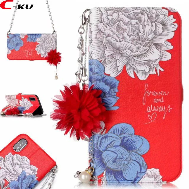 Кожаный чехол-кошелек C-ku с объемным цветком и бусинами для Iphone X 8 7 PLUS 6 6S SE 5 5S
