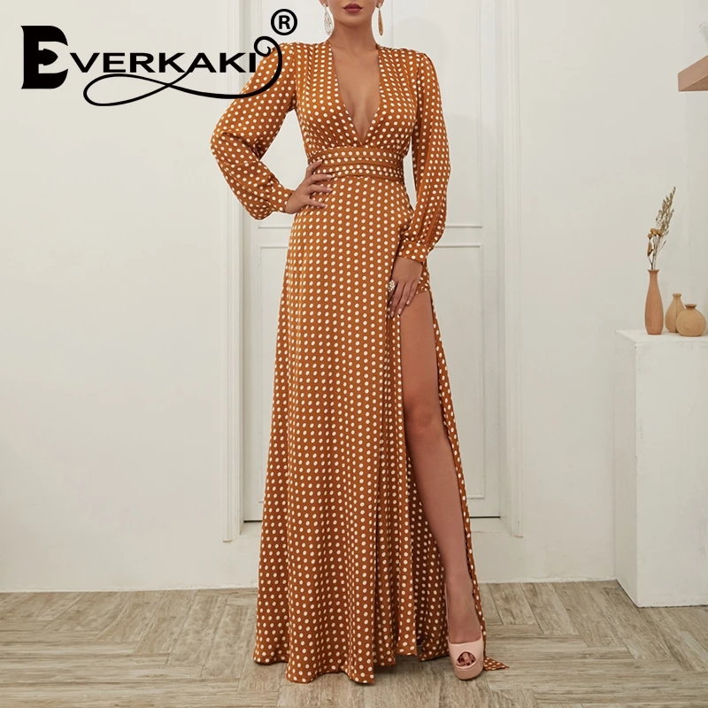Everkaki платье в горошек с длинным рукавом женское летнее Бохо обтягивающее длинное