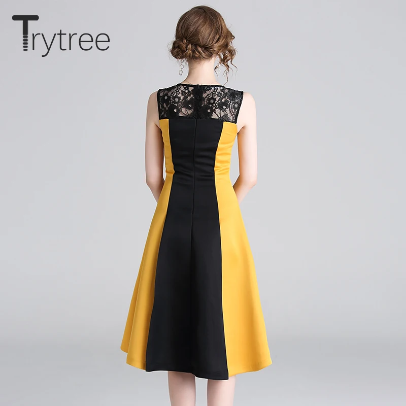 Trytree летнее уличное платье кружевное без рукавов ТРАПЕЦИЕВИДНОЕ женское желтое