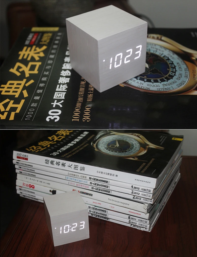 Светодиодный Квадратный Белый Деревянный Будильник Настольные Цифровые часы с