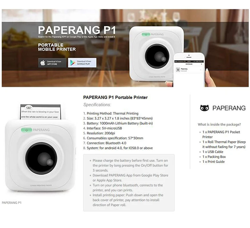 PAPERANG P1 мини беспроводной фотопринтер портативный Bluetooth мгновенный мобильный принтер для IPhone iPad Mac Android устройств