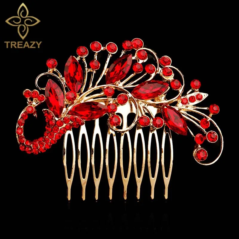 Design 8 Gold Red TREAZY/свадебные расчески для волос золотого цвета для женщин, украшенные жемчугом и кристаллами, свадебные аксессуары для волос, головной убор для дня рождения, диадема для невесты - Окраска металла: Design 8 Gold Red