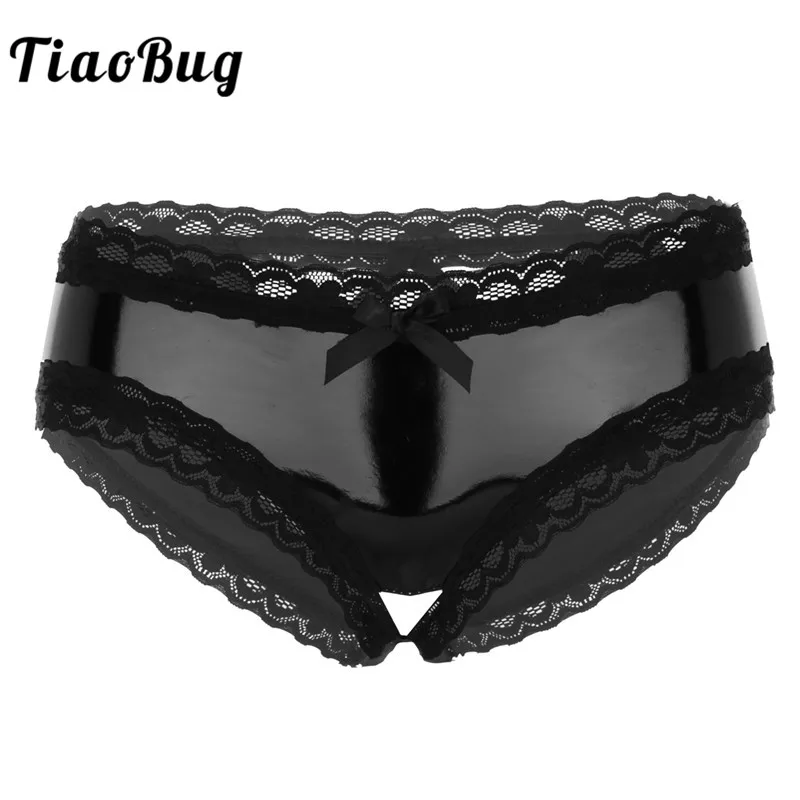 Женские кружевные мини трусы TiaoBug черные с открытой паховой связью из