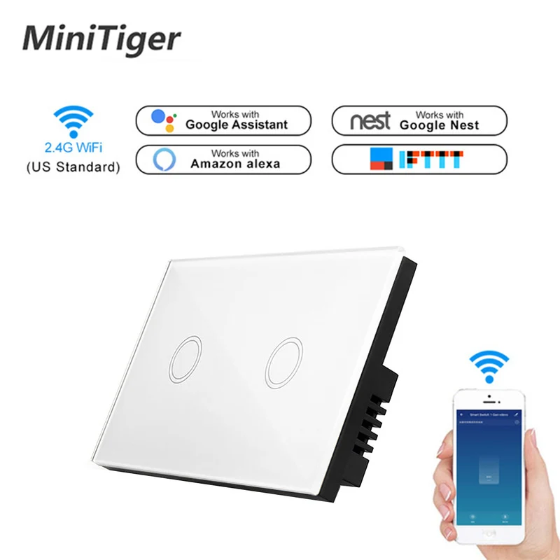 WiFi White 2gang Minitiger стандарт США wifi умный сенсорный выключатель приложение беспроводной дистанционный светильник настенный выключатель Хрустальная стеклянная панель работа с Alexa/Google - Цвет: WiFi White 2gang