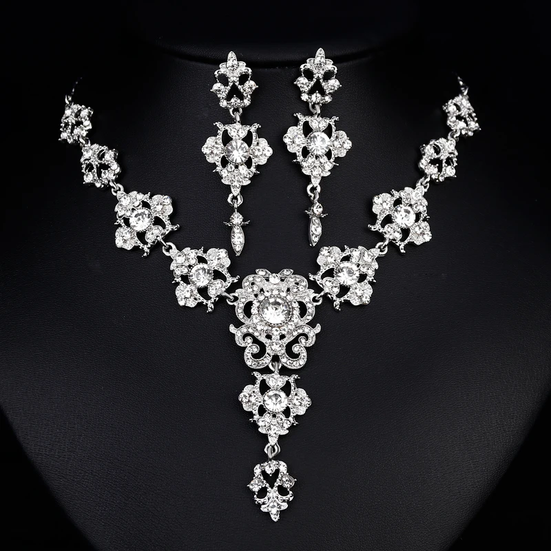 Bridal Wedding Rhinestone Luxury Fashion High Quality Bride jewelry Women Geometric Necklace Earrings Jewelry Set | Украшения и