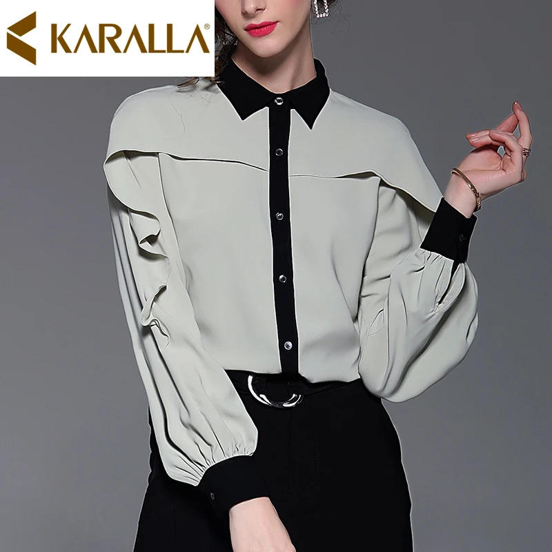 Элегантная зеленая модная шифоновая рубашка с оборками Женская Повседневная