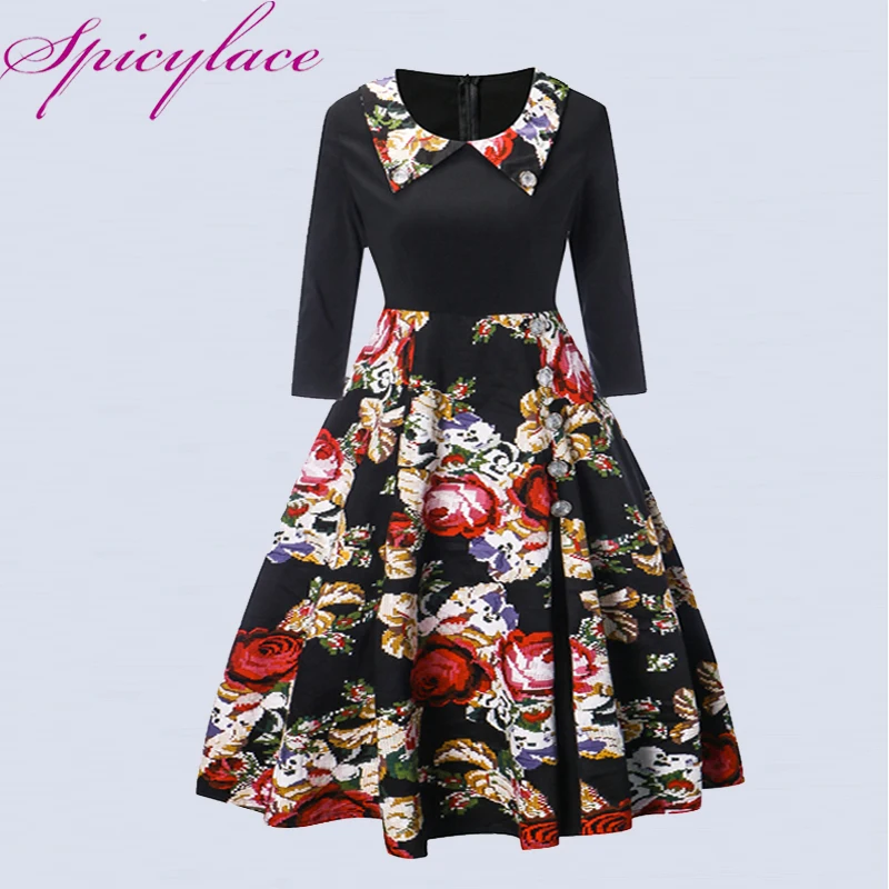 Женское платье с цветочным принтом круглым вырезом и высокой талией|flower print