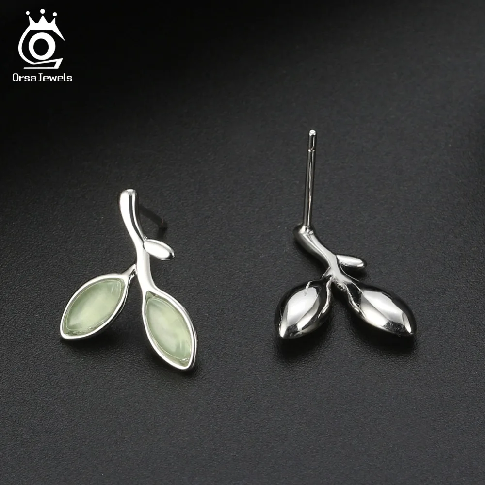 ORSA JEWELS Настоящее серебро 925 проба серьги гвоздики Модные женские ювелирные изделия зеленый прозрачный в форме листа 17 мм серебряные серьги OSE87
